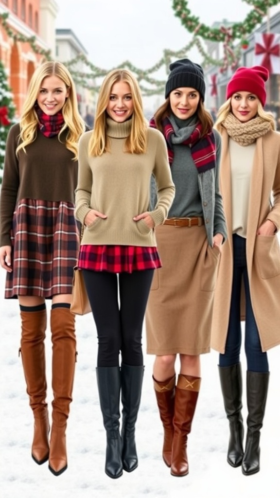 Stylish Christmas outfits with long boots, showcasing various festive looks.